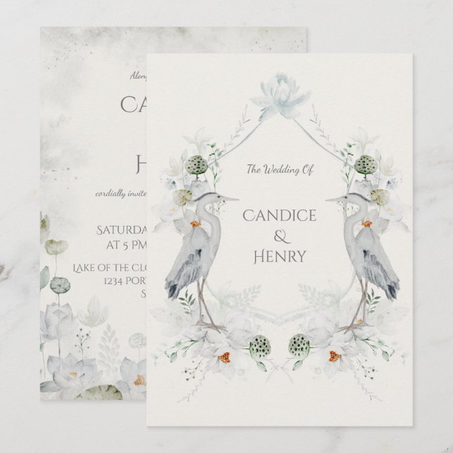 Ethereal White Blume Blue Heron Nature Wedding Einladung (Vorne/Hinten)
