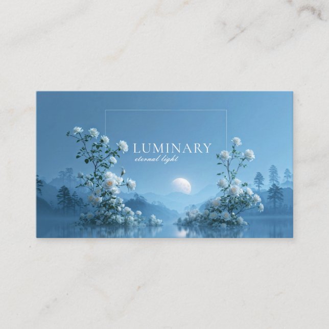 Ethereal White Rose Floral and Blue Moon Lake Visitenkarte (Vorderseite)