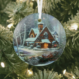 Ethereal Winterszene Kinkade Inspiriert Ornament Aus Glas