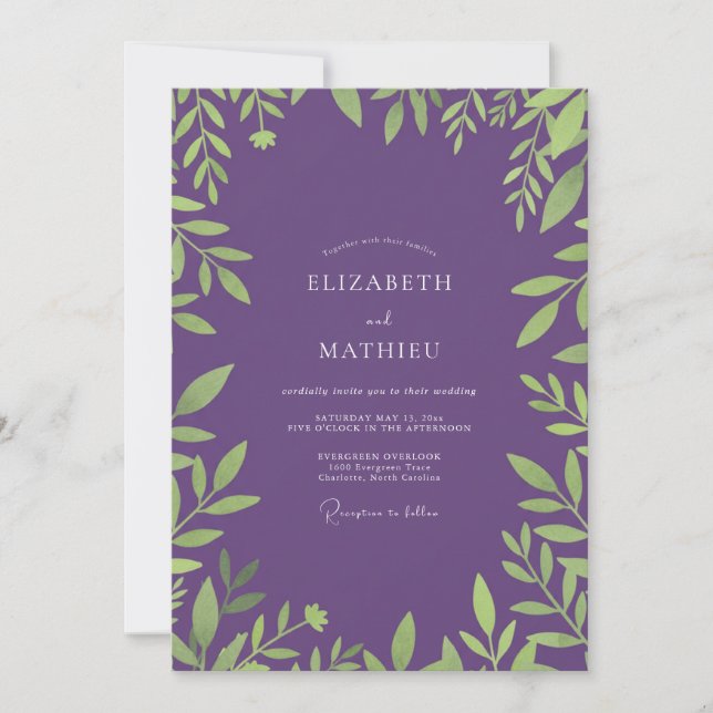 Ethereale Amethyst-Blatt-Hochzeit Einladung (Vorderseite)