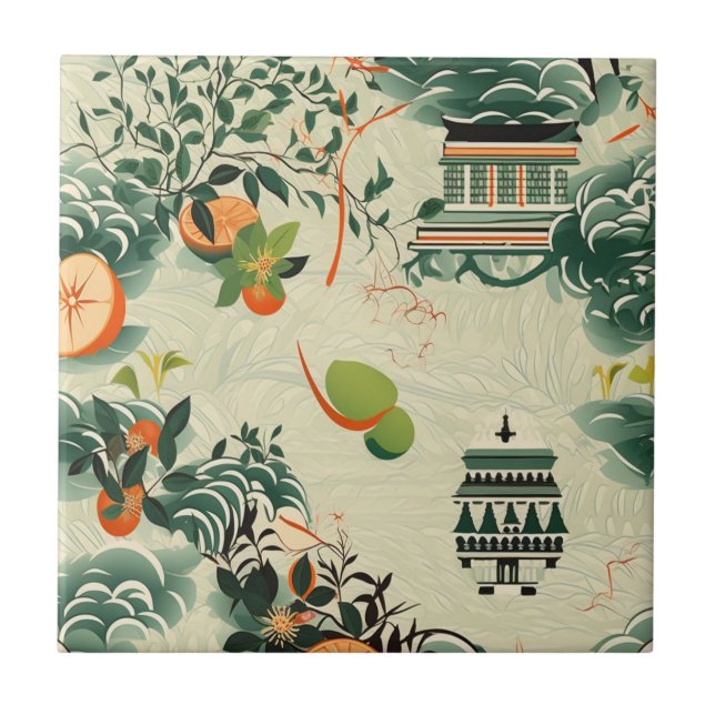 Ethereales Orangenmuster mit Zen-Tempeln Fliese (Vorderseite)