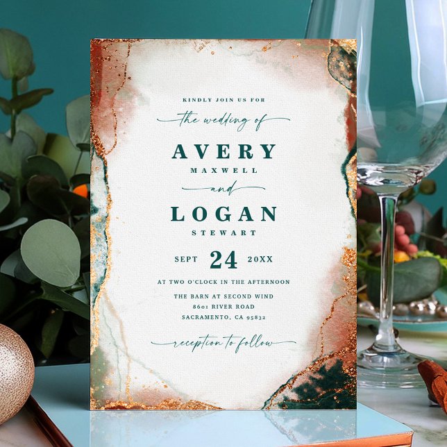 Ethérée Turquoise et cuivre Faire-part de mariage  (Teal and Copper Abstract Wedding Magnetic Invitation)