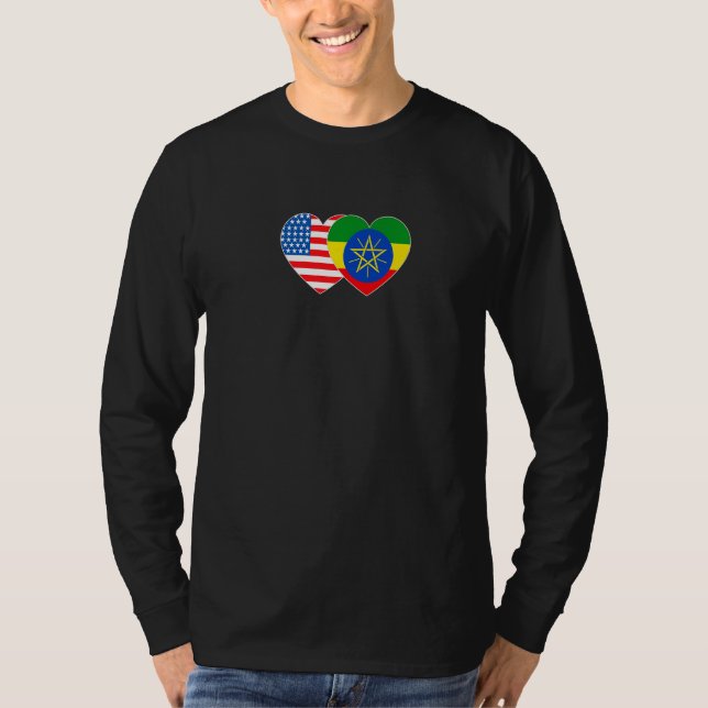 Ethiopia &US Flag Twin Heart 4 Ethiopian Americans T-Shirt (Vorderseite)