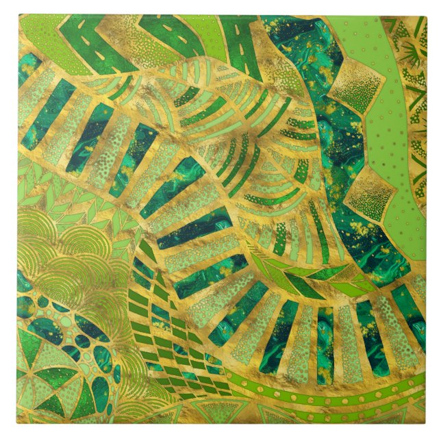 Ethische Tribal-Ornamente - Grüntöne und Gold Fliese (Vorderseite)