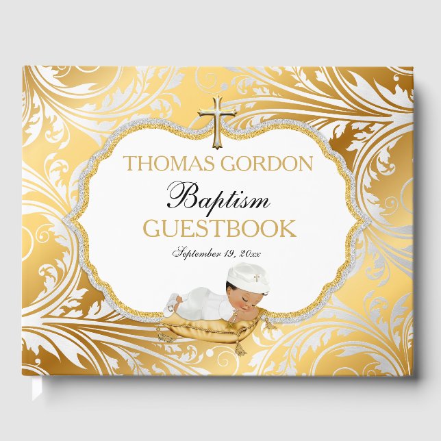 Ethnic Baby Boy Baptisc Gold Cross Gästebuch (Vorderseite)