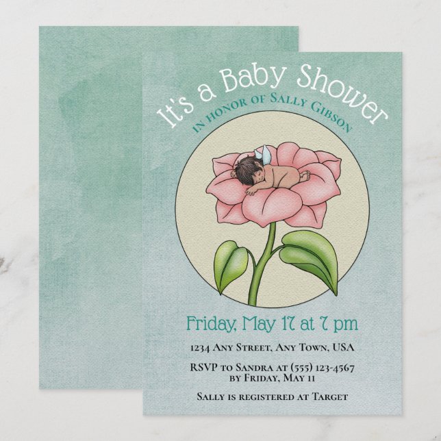 Ethnic Baby Fairy in Blume Kinderdusche Einladung (Vorne/Hinten)