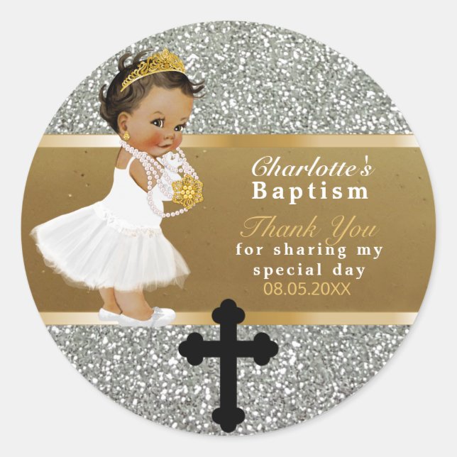 Ethnic Baby Girl Baptisc Danke Gold Silver Runder Aufkleber (Vorderseite)