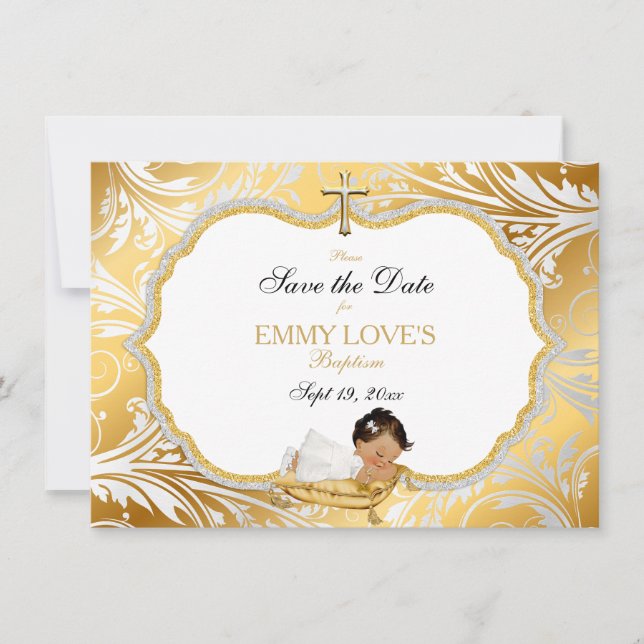 Ethnic Baby Girl Baptisse Rett Gold Cross Save The Date (Vorderseite)