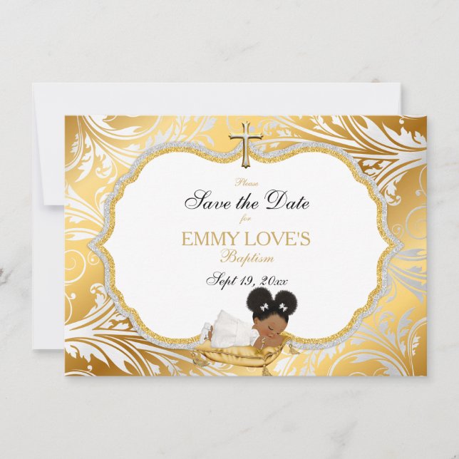 Ethnic Baby Girl Baptisse Rett Gold Cross Save The Date (Vorderseite)