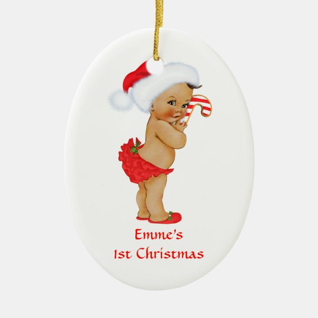 Ethnic Baby Girl First Christmas Red Santa Keramik Ornament (Vorne)