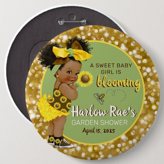 Ethnic Baby Girl | Gelbe Sonnenblume Gold Glitzer Button (Vorne & Hinten)