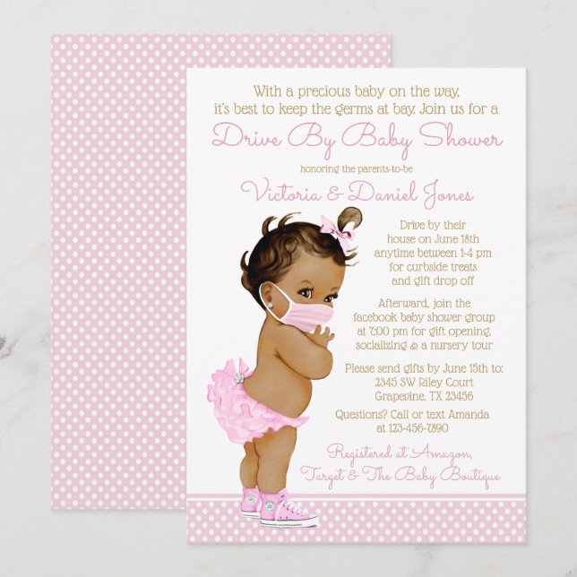 Ethnic Baby Girl mit Maskenantrieb mit Babydusche Einladung (Vorne/Hinten)