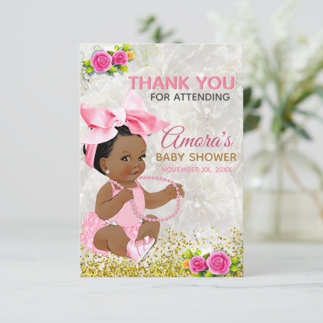 Ethnic Baby Girl Pink & Gold Elegantes Foto Dankeskarte (Stehend Vorderseite)