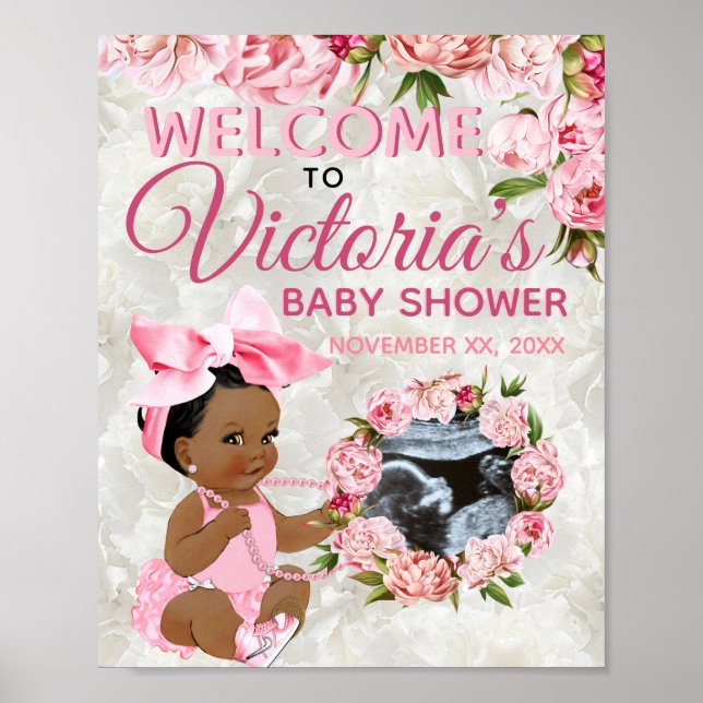Ethnic Baby Girl Pink Peony Foto Babydusche Poster (Vorne)