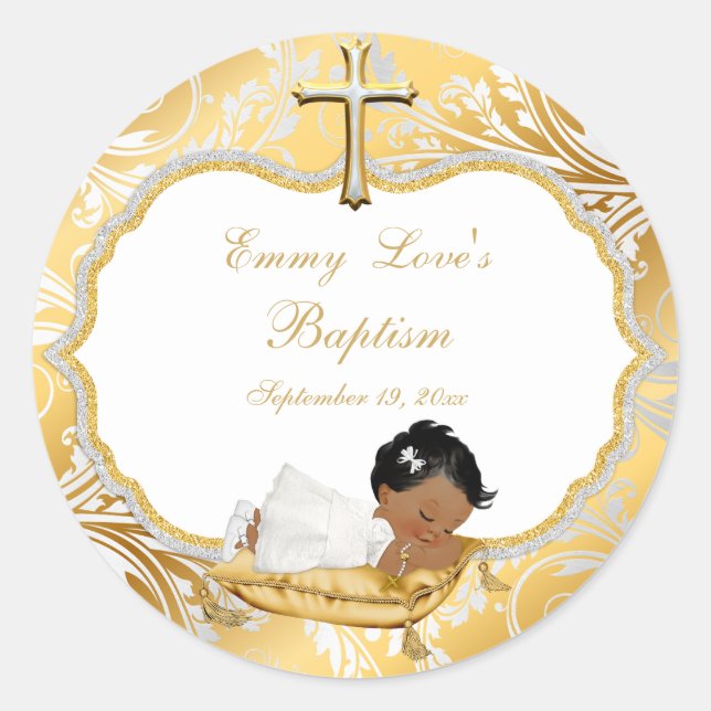 Ethnic Baby Girl Taufe Gold Cross Runder Aufkleber (Vorderseite)