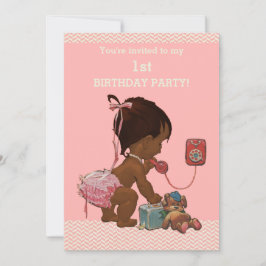 Ethnic Baby on Phone Pink Chevrons 1. Geburtstag Einladung