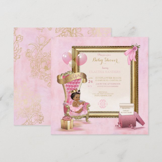 Ethnic Baby Princess Crown Gold Pink Royal Einladung (Vorne/Hinten)