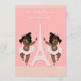 Ethnic Ballerina Twins Eiffel Tower Baby Dusche Einladung
