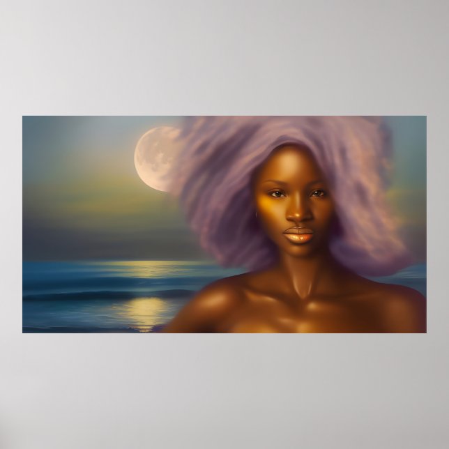 Ethnic Beautiful Woman Beach Moonlight Ozean Poster (Vorne)