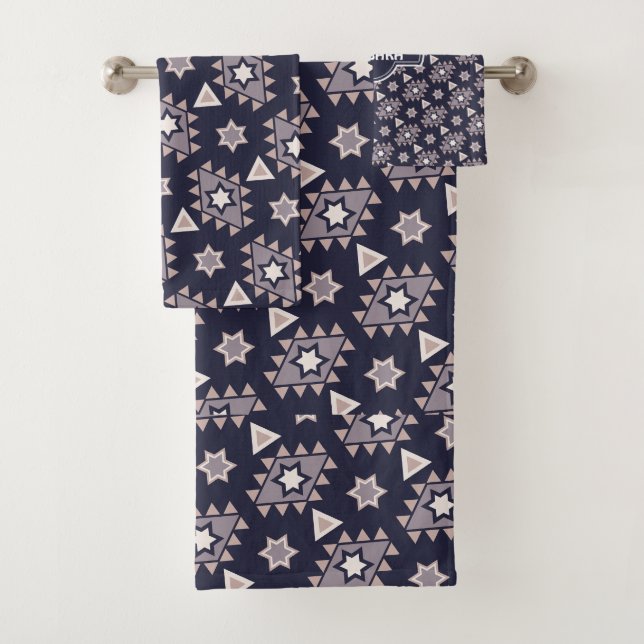 Ethnic Blue Gray Minimal Muster Badhandtuch Set (Insitu)