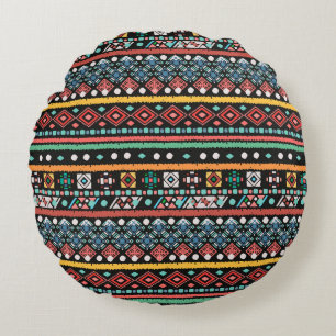 Ethnic Boho: Geometrische Pixel Print Rundes Kissen