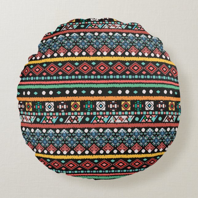 Ethnic Boho: Geometrische Pixel Print Rundes Kissen (Vorderseite)