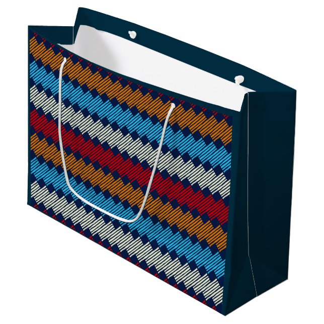 Ethnic Boho Pattern Lace Stickerei auf Stoff Große Geschenktüte (Vorderseite Schrägansicht)