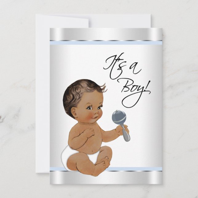 Ethnic Boy Baby Blue Silver Baby Dusche Einladung (Vorderseite)