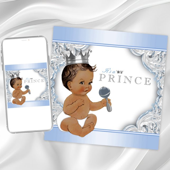 Ethnic Boy Baby Blue Silver Prince Baby Dusche Einladung (Baby blue silver prince baby shower invitation. Instant download and printed invitations available.)