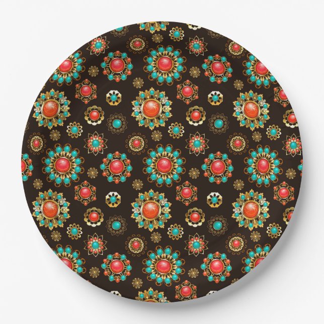 Ethnic Brooches Nahtloses Muster Pappteller (Vorderseite)