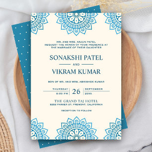 Ethnic Cream und Blue Mandala Indian Wedding Einladung