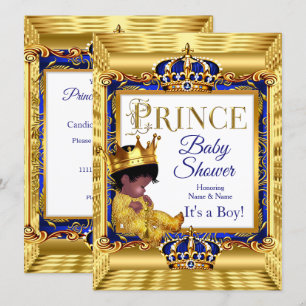Ethnic Dark Golden Prince Baby Dusche Blue Gold Einladung