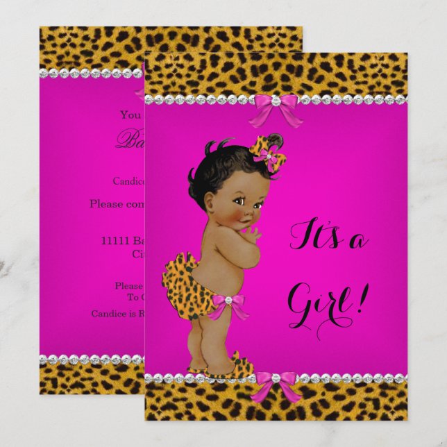 Ethnic Girl Baby Duschleopard Hot Pink Einladung (Vorne/Hinten)