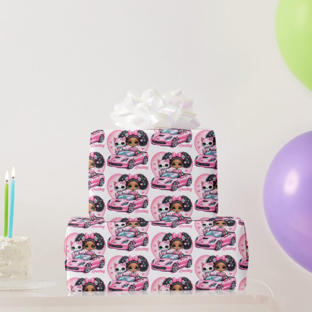 Ethnic Girl & Cat Pink Konvertible Herz Geschenkpapier (Partygeschenke)
