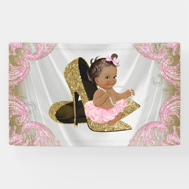 Ethnic Girl Gold High Heel Shoel Baby Dusche Banner (Horizontal)