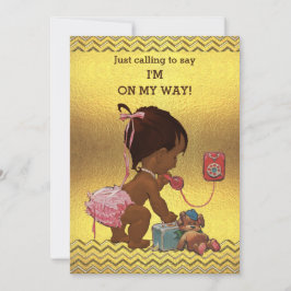 Ethnic Girl on Phone Baby Shower Gold Chevrons Einladung
