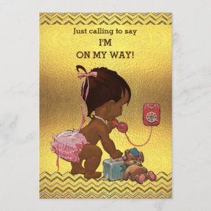 Ethnic Girl on Phone Baby Shower Gold Chevrons Einladung