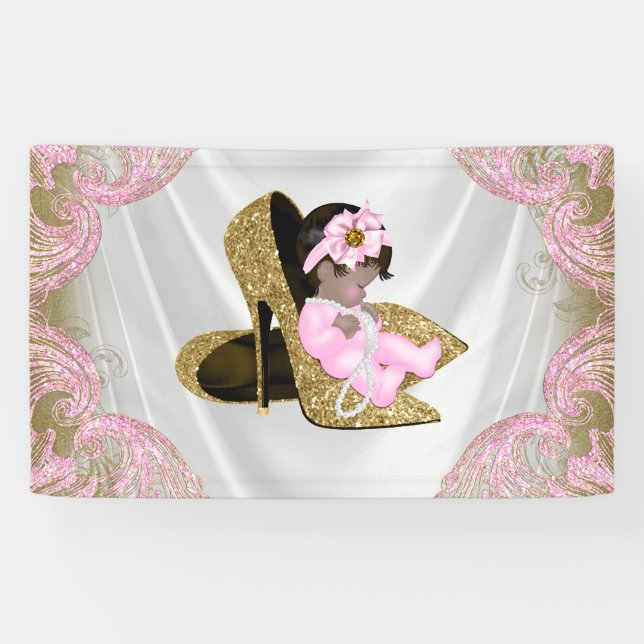 Ethnic Girl Pink Gold High Heel Shoe Baby Dusche Banner (Horizontal)