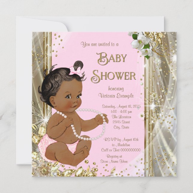 Ethnic Girl Pink Gold Pearl Baby Dusche Einladung (Vorderseite)