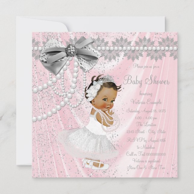 Ethnic Girl Pink Gray Satin Pearl Baby Dusche Einladung (Vorderseite)