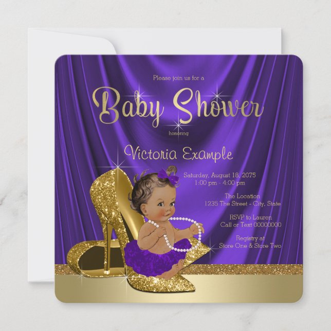 Ethnic Lila Ballerina Gold Showdusche Einladung (Vorderseite)