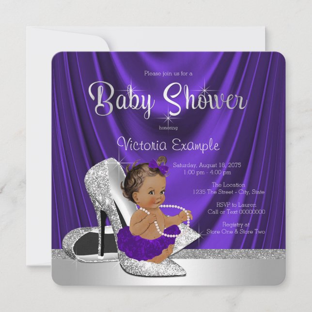 Ethnic Lila Ballerina Silver Shoe Babydusche Einladung (Vorderseite)