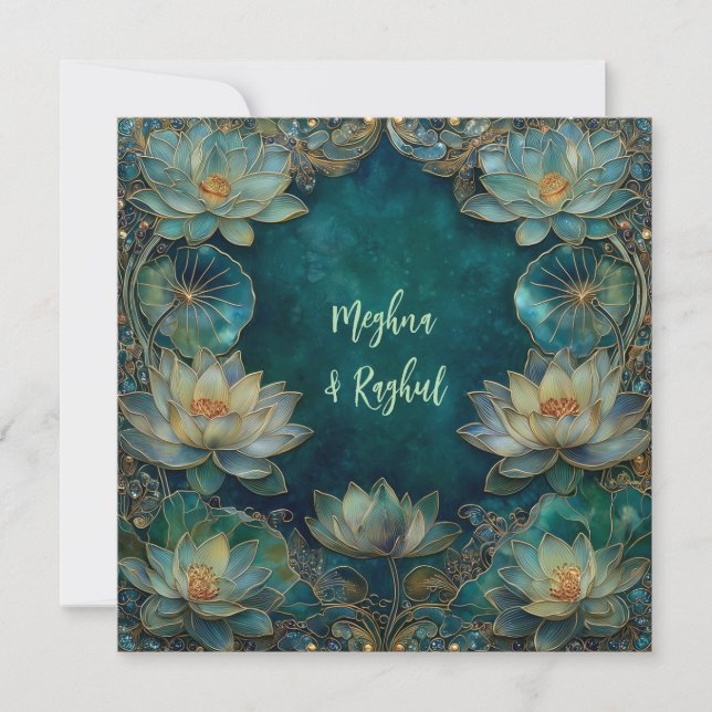 Ethnic Lotus Green Gold Indian Wedding Einladung (Vorderseite)