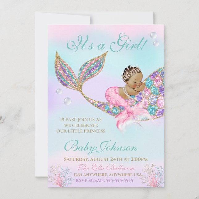 Ethnic Mermaid Baby SHower Glitzer Schwanz Einladung (Vorderseite)