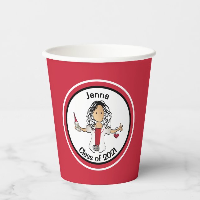 Ethnic Nurse Cartoon Abschluss Rot für sie Pappbecher (Vorderseite)