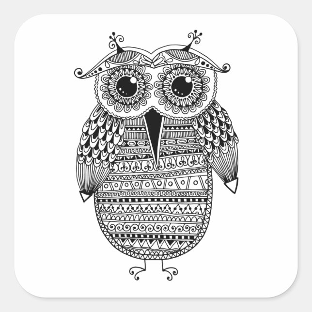 Ethnic Owl Ink Zeichnend Quadratischer Aufkleber (Vorderseite)