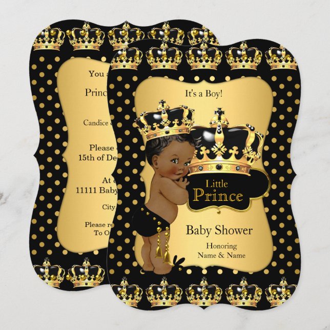 Ethnic Prince Baby Dusche Black Gold Polka Dot Einladung (Vorne/Hinten)