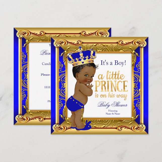 Ethnic Prince Baby Dusche Blue Imitate Gold Einladung (Vorne/Hinten)