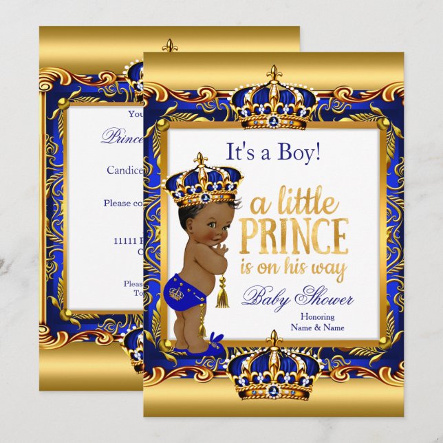 Ethnic Prince Baby Dusche Blue Verziert Gold Einladung (Vorne/Hinten)