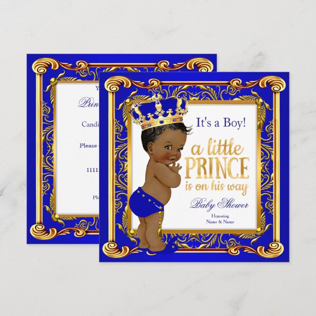 Ethnic Prince Baby Dusche Damask Blue Gold Einladung (Vorne/Hinten)